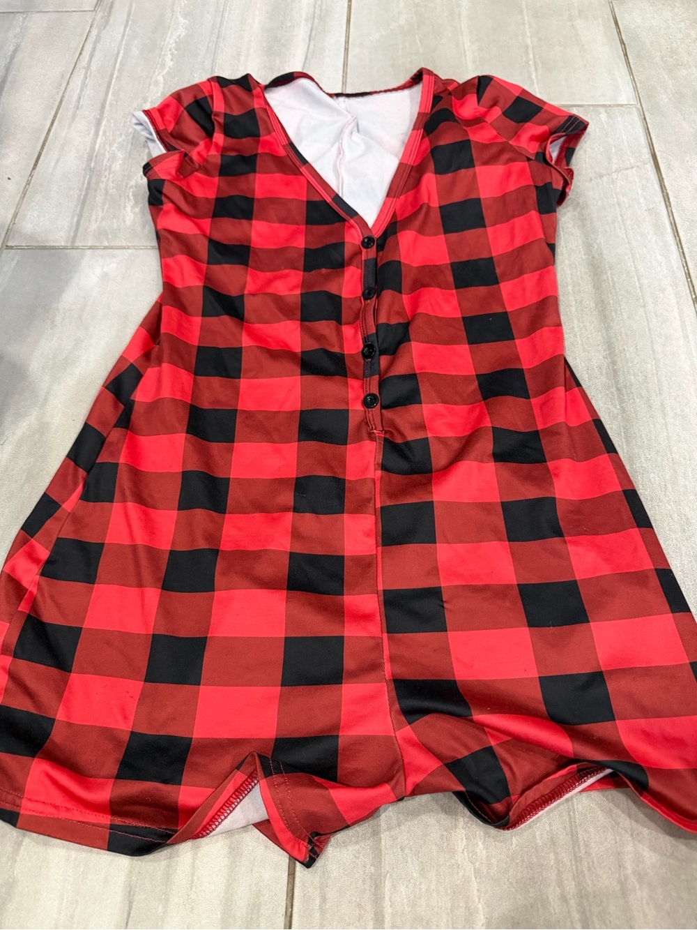 SHEIN Red and Black Buffalo Plaid Short Sleeve Button Romper